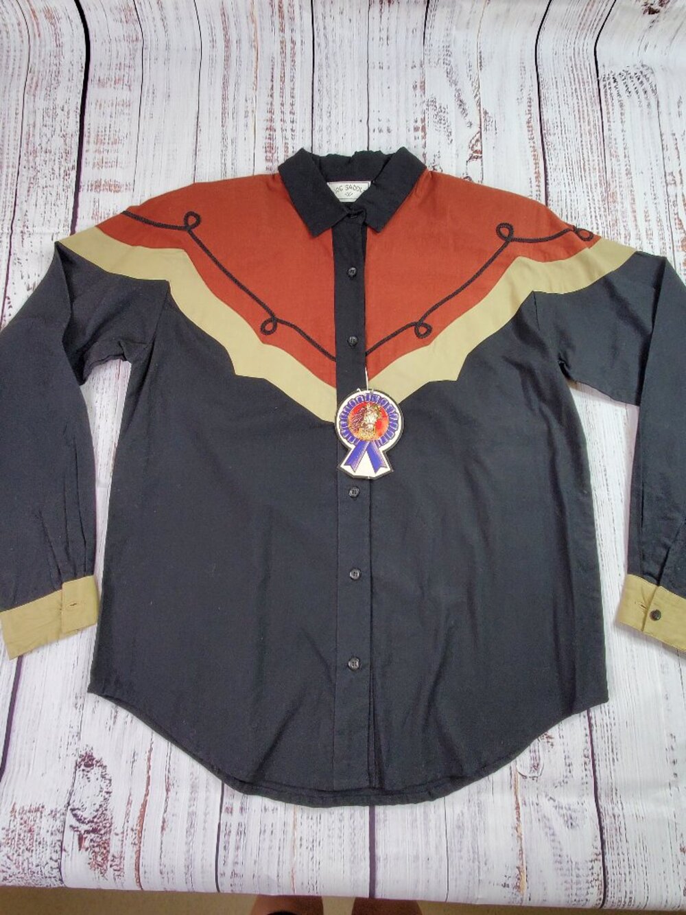 Side Saddle Western Shirt Women Small Black Brown Shoulder Pads Cowgirl Vintage